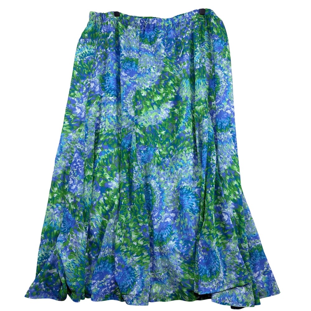 Appleseeds Maxi Skirt XL Blue Green Abstract Floral Elastic Waist Lined A-Line